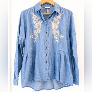 Knox Rose Embroidered Chambray Button Front Peplum Top Medium